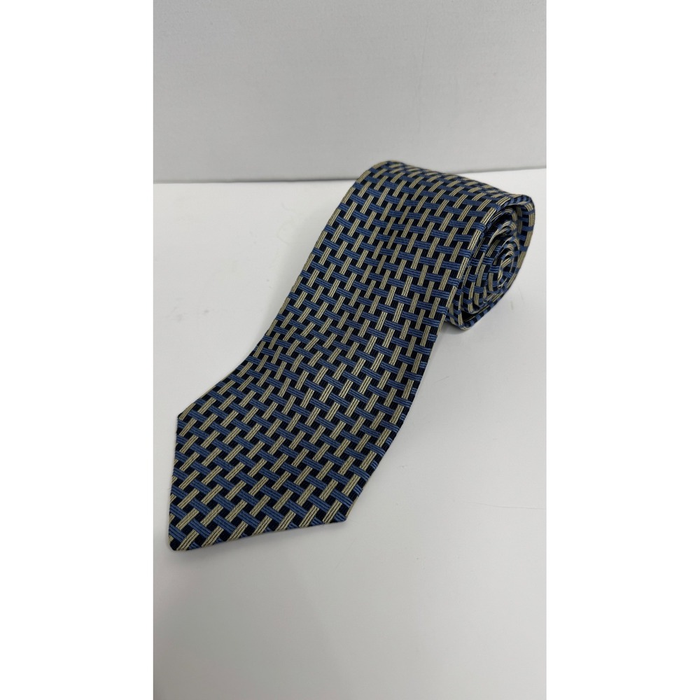 Brooks Brothers Makers Silk Tie Blue Gold Geometric Basketweave England Fabric